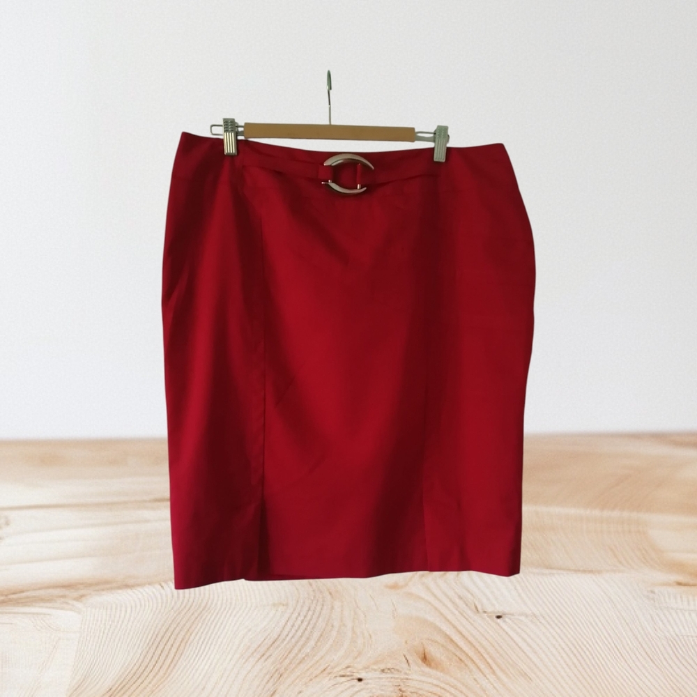 Chic Red Pencil Skirt with Belt Detail